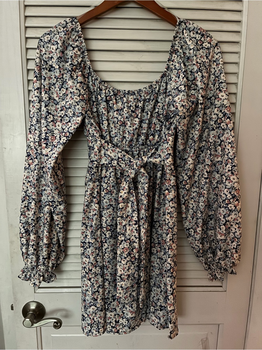 Altar'd State Navy, Cream and Blush Floral Puff-Sleeve Mini Dress